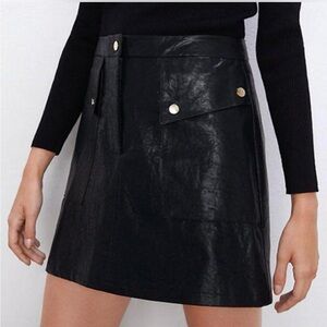 Black Zara A-Line Faux Leather Mini Skirt with Gold Buttons XS